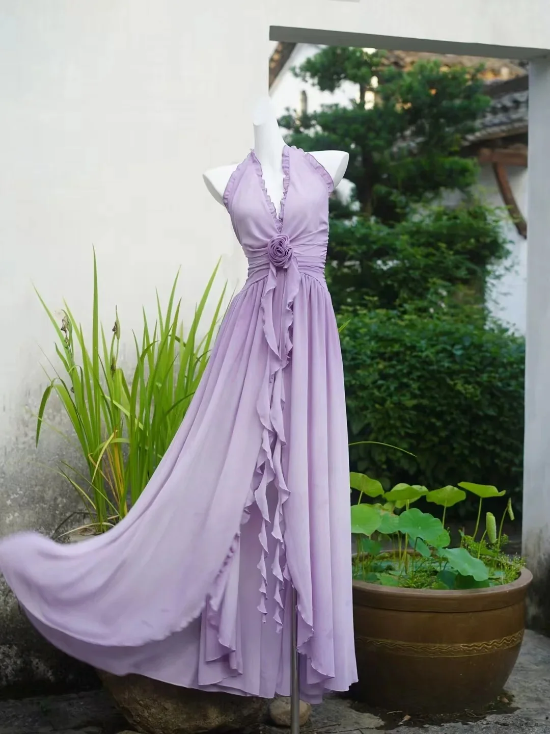 Flowing Chiffon Backless Purple Halter Neck Ruffled Long Prom Dress P3459 - Image 3
