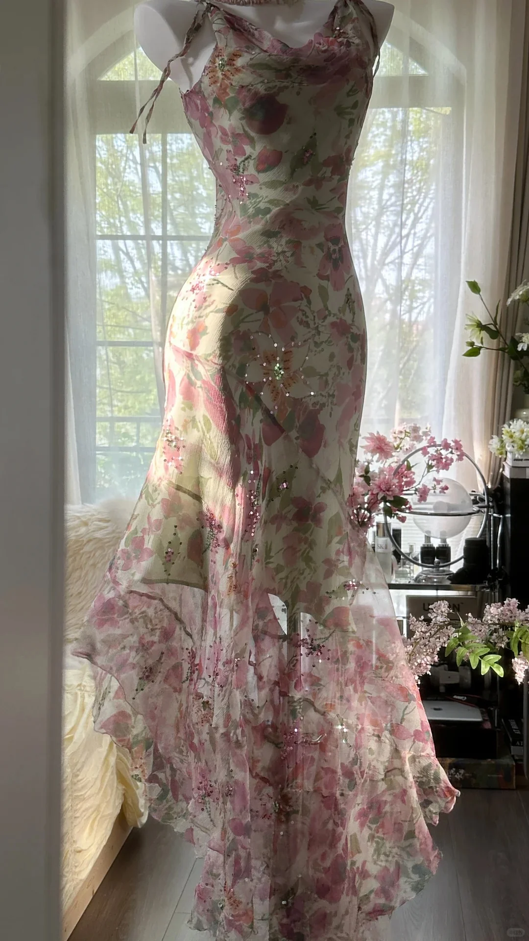 Flowing Chiffon Sequin Print Pink Irregular Skirt Prom Dress P3280
