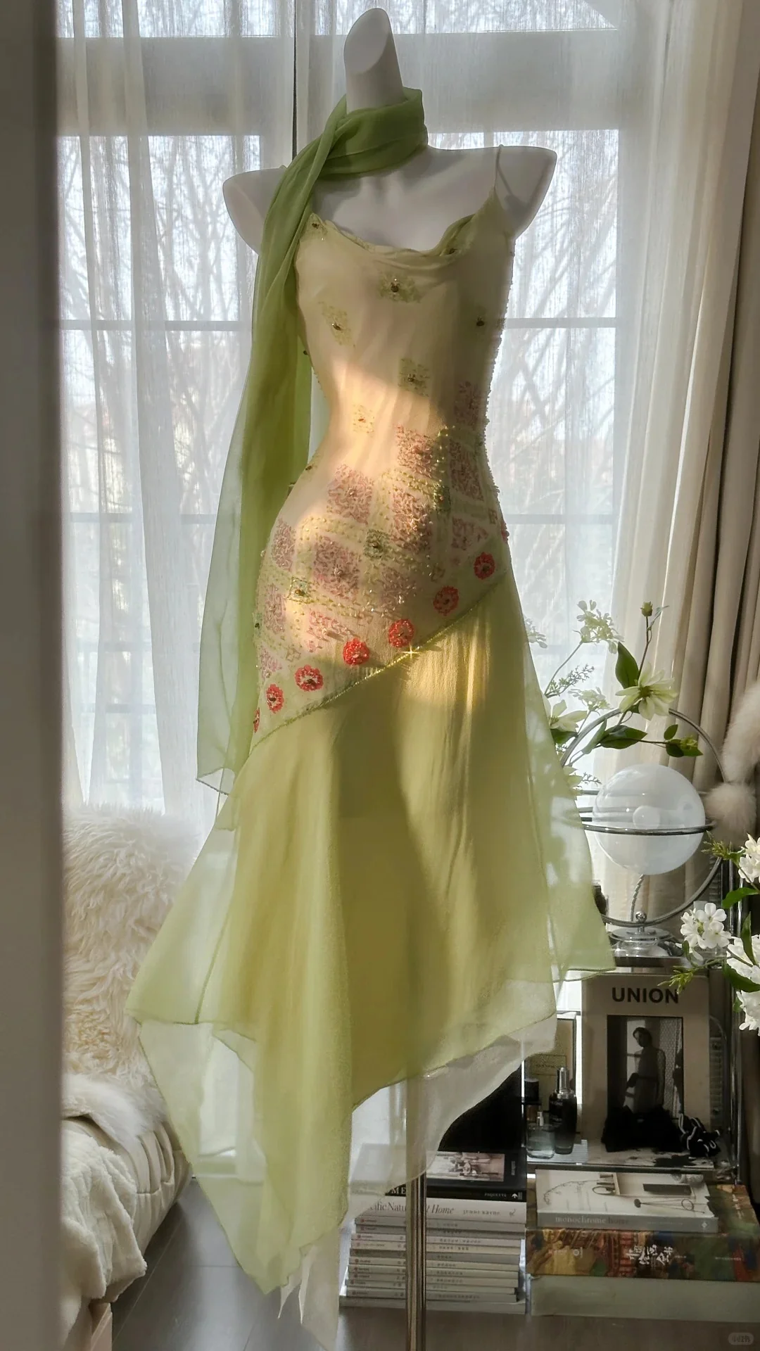 Flowing Grass Green Beaded Chiffon Irregular Hem Prom Dress P3306 - Image 2