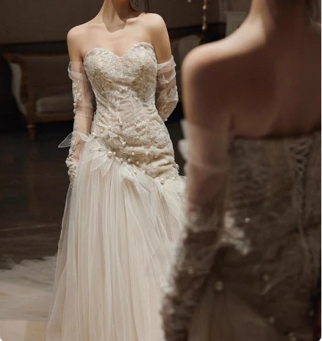 Flowing Sweetheart Neck Lace Tulle Wedding Dress with Train P2737 - Image 2