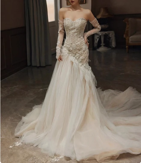 Flowing Sweetheart Neck Lace Tulle Wedding Dress with Train P2737 - Image 3