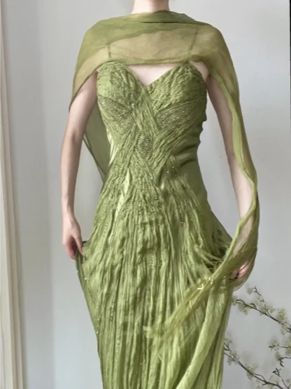 Flowy Green Strapless Pleated Satin Chiffon Long Prom Dress P3785 - Image 2