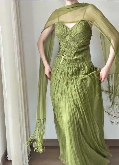 Flowy Green Strapless Pleated Satin Chiffon Long Prom Dress P3785 - Image 4