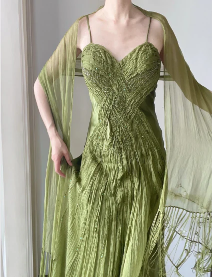 Flowy Green Strapless Pleated Satin Chiffon Long Prom Dress P3785 - Image 5