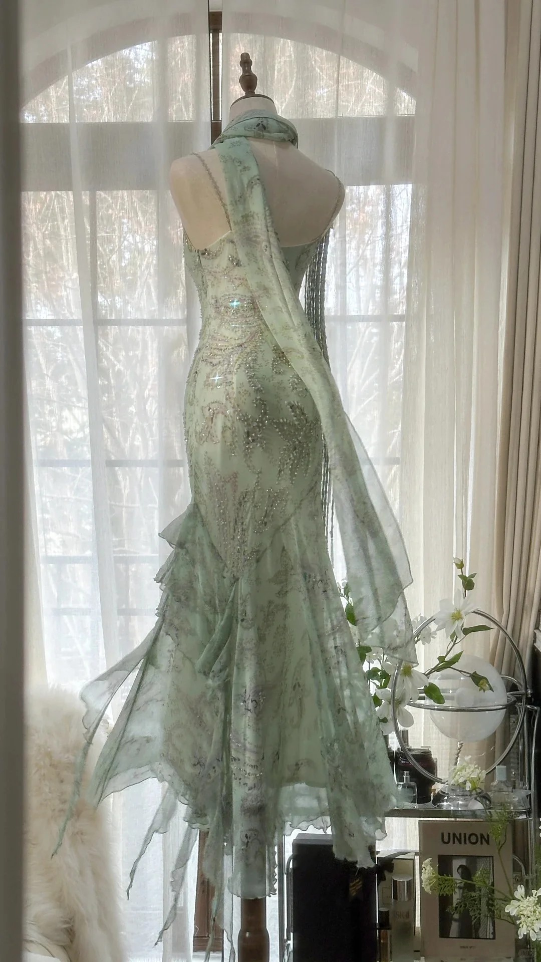 Flowy Light Green Strap Mermaid Chiffon Beaded Prom Dress P3252 - Image 2