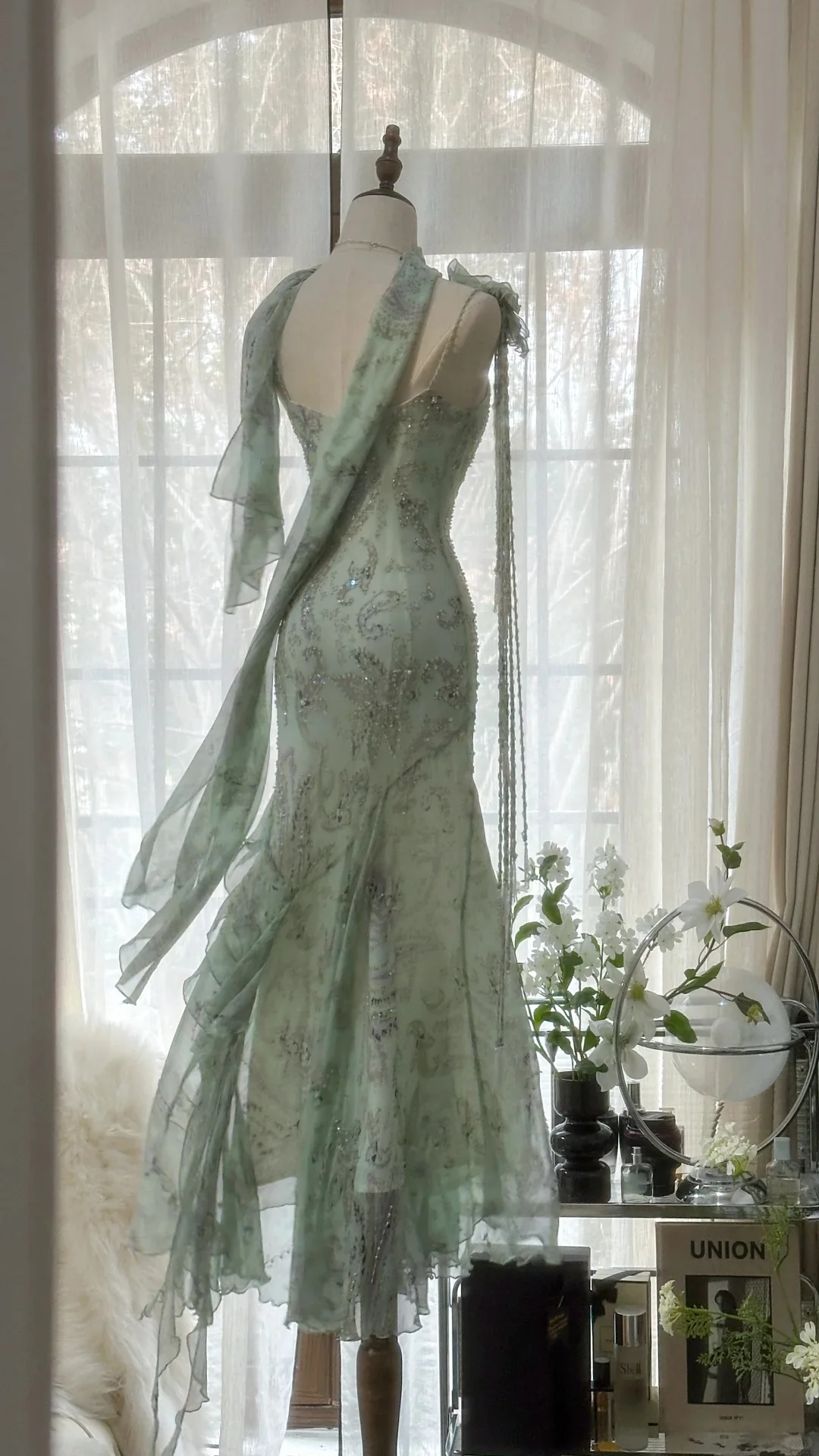Flowy Light Green Strap Mermaid Chiffon Beaded Prom Dress P3252 - Image 3