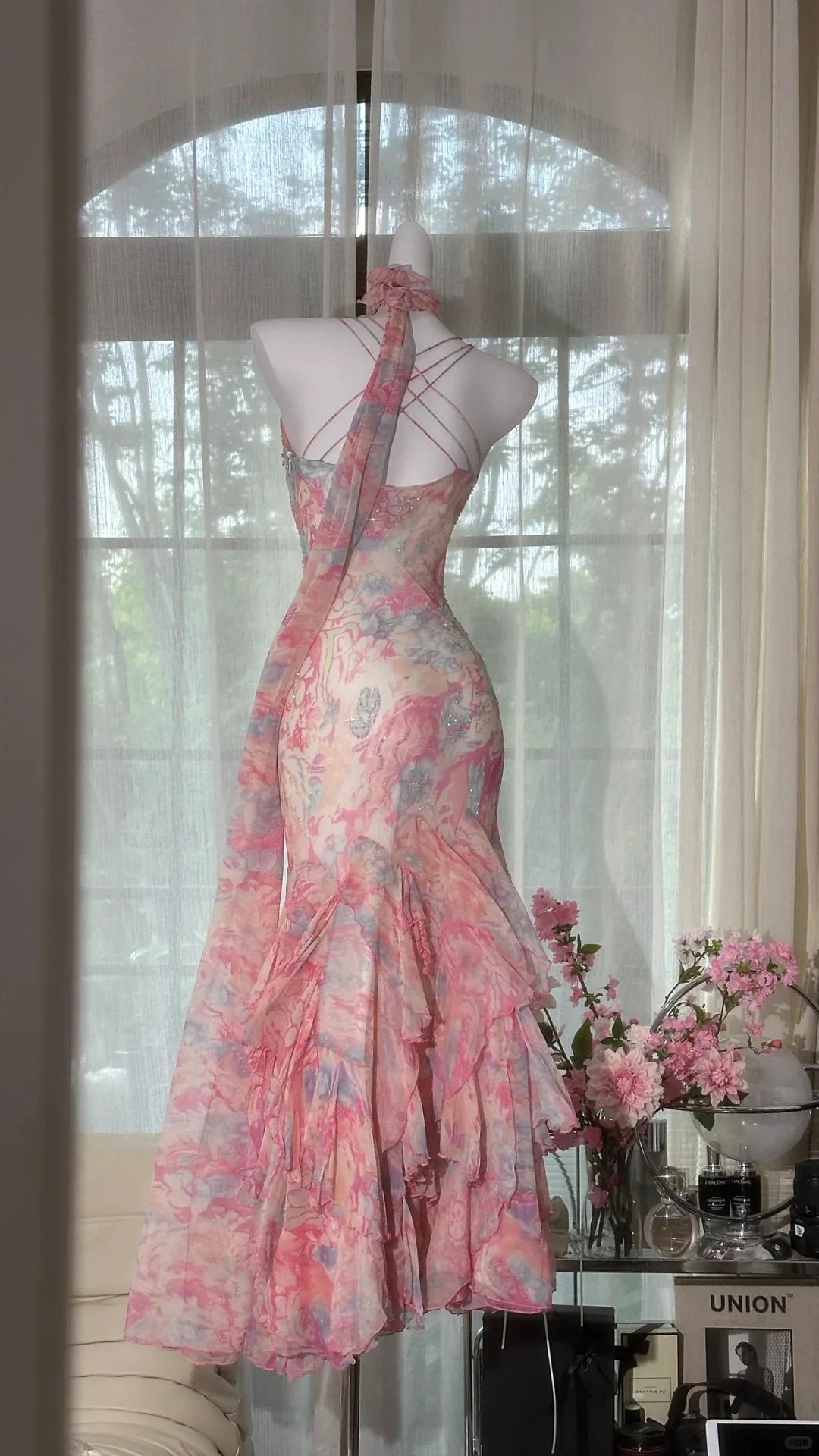 Flowy pink printed chiffon multi-layered skirt mermaid evening gown Prom Dress P3262 - Image 4
