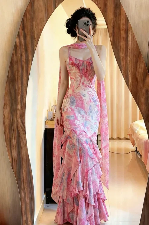 Flowy pink printed chiffon multi-layered skirt mermaid evening gown Prom Dress P3262 - Image 5