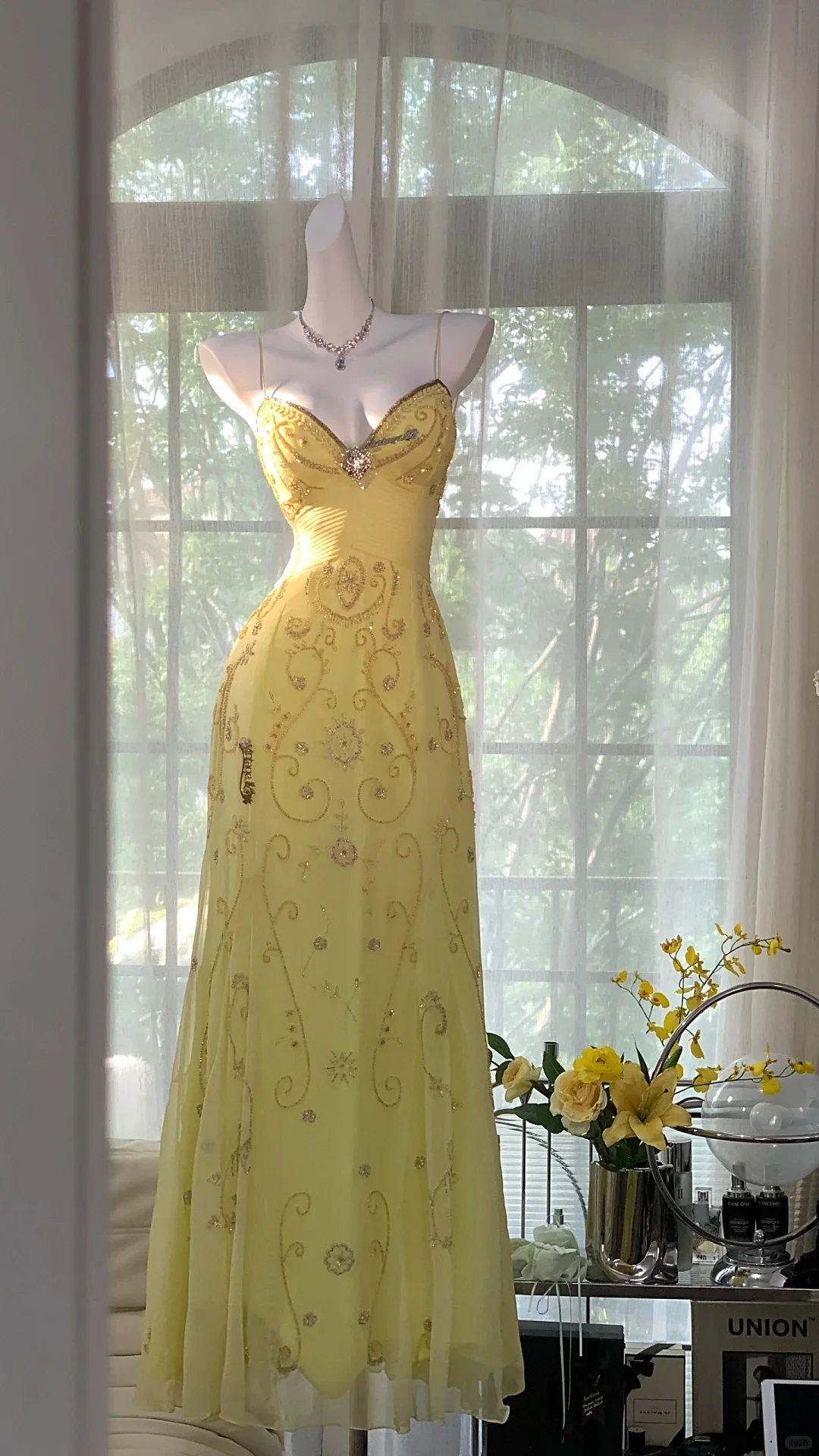 Flowy Yellow Spaghetti Strap Chiffon Beaded Mermaid Evening Gown Prom Dress P3272 - Image 5