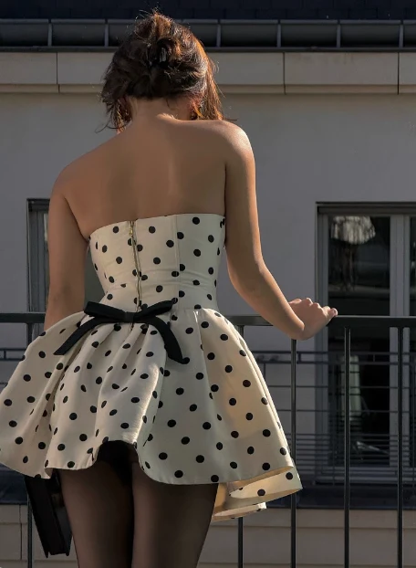 French Backless Bow Polka Dot Tube Top A-line Birthday Skirt Homecoming Dress P3850 - Image 2