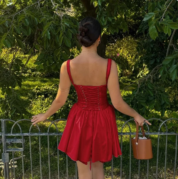 French Ballet Style Tie Waist Suspenders Red Mini Birthday Dress Homecoming Dress P3685 - Image 2
