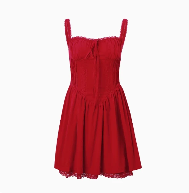 French Ballet Style Tie Waist Suspenders Red Mini Birthday Dress Homecoming Dress P3685 - Image 3