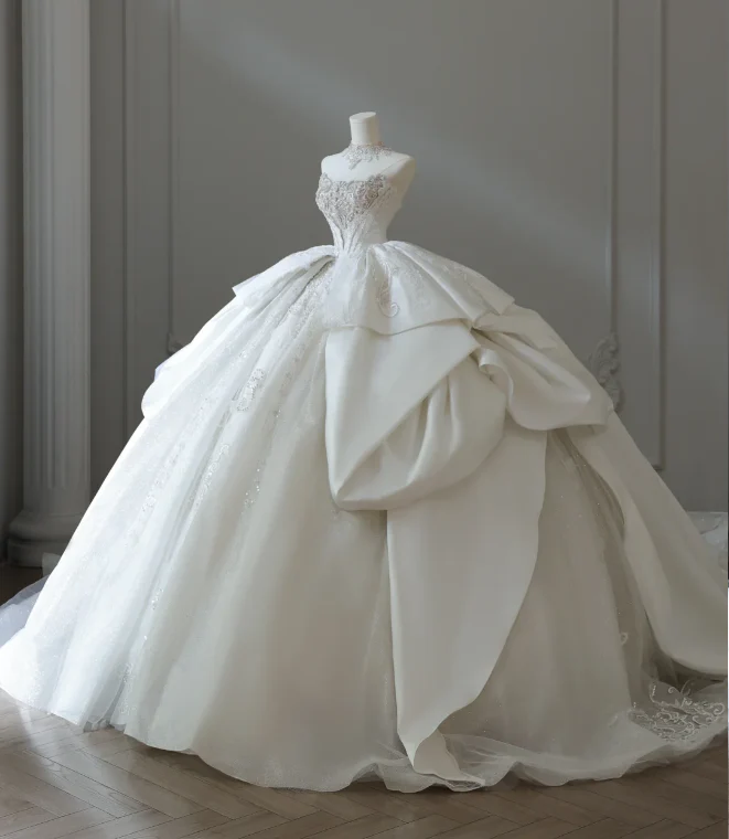 French court retro luxury tube top shiny tulle floor-length wedding dress P2578 - Image 2
