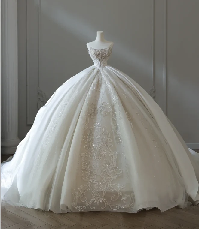French court retro luxury tube top shiny tulle floor-length wedding dress P2578 - Image 6