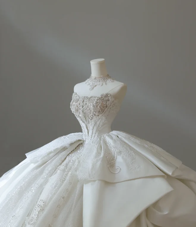 French court retro luxury tube top shiny tulle floor-length wedding dress P2578 - Image 7
