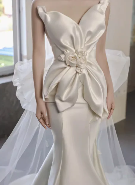 French Elegant White Strapless Chic 3D Flower Mermaid Satin Wedding Dress P2709 - Image 2
