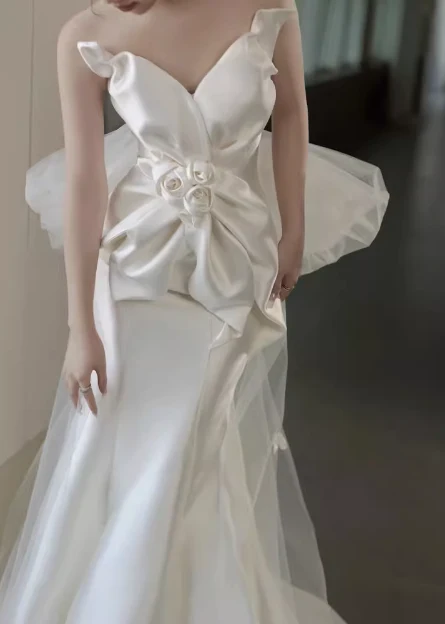 French Elegant White Strapless Chic 3D Flower Mermaid Satin Wedding Dress P2709 - Image 3