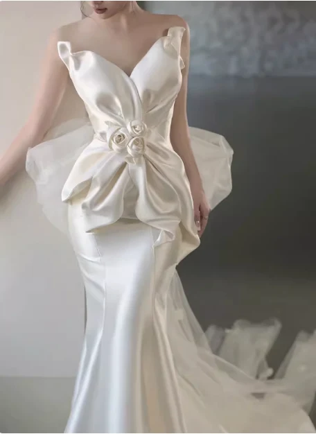 French Elegant White Strapless Chic 3D Flower Mermaid Satin Wedding Dress P2709 - Image 4