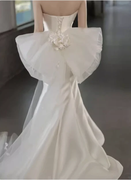 French Elegant White Strapless Chic 3D Flower Mermaid Satin Wedding Dress P2709 - Image 5