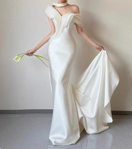 French fishtail white one-shoulder satin wedding dress with small train P2733 - Image 2