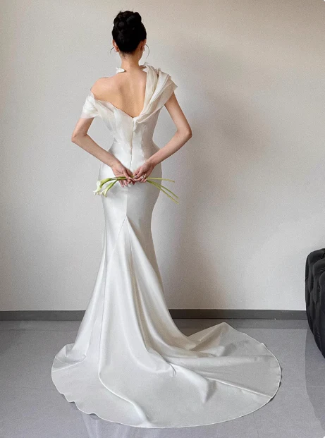 French fishtail white one-shoulder satin wedding dress with small train P2733 - Image 3