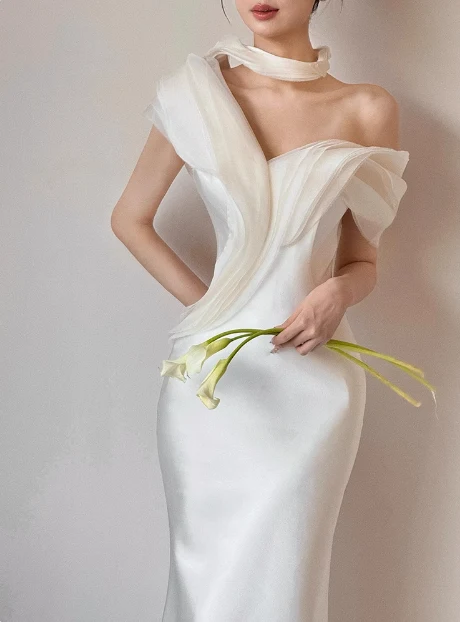French fishtail white one-shoulder satin wedding dress with small train P2733 - Image 4