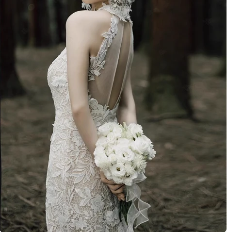 French halterneck retro lace backless white mermaid wedding dress with small train P2728 - Image 3