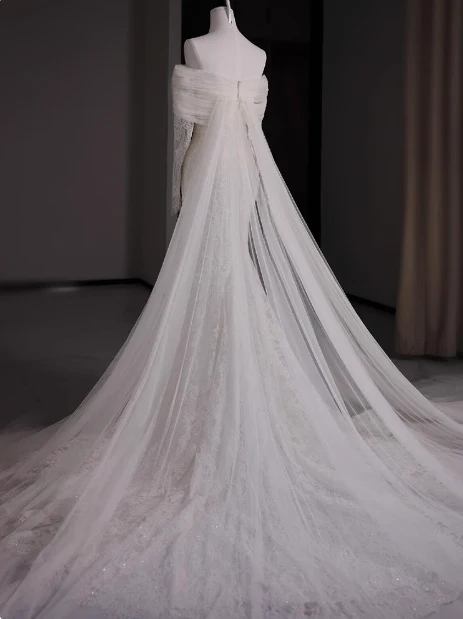 French lace off-the-shoulder white mermaid train wedding gown P2694 - Image 2
