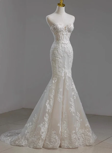 French Lace Strapless Off-shoulder Waisted Fishtail Tulle Wedding Dress with Small Train P2725 - Image 2