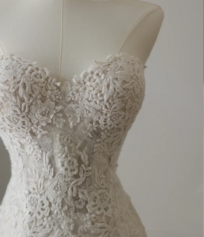 French Lace Strapless White Mermaid Wedding Dress P2567 - Image 5