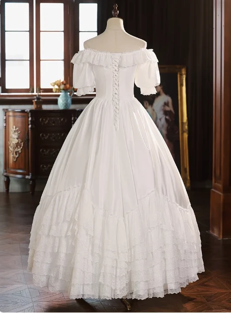 French One Shoulder Satin Layered Lace A-Line Wedding Dress P2636 - Image 5