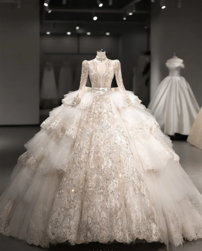 French Palace Champagne Gold Long Sleeve Lace Accordion Pleated Tulle Deep V Neck Wedding Dress P2891 - Image 4