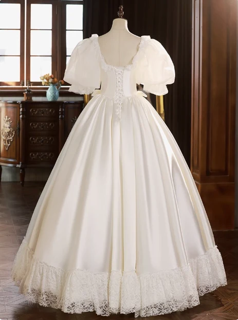 French Princess Puff Sleeve Satin Lace Tutu Wedding Dress P2626 - Image 5