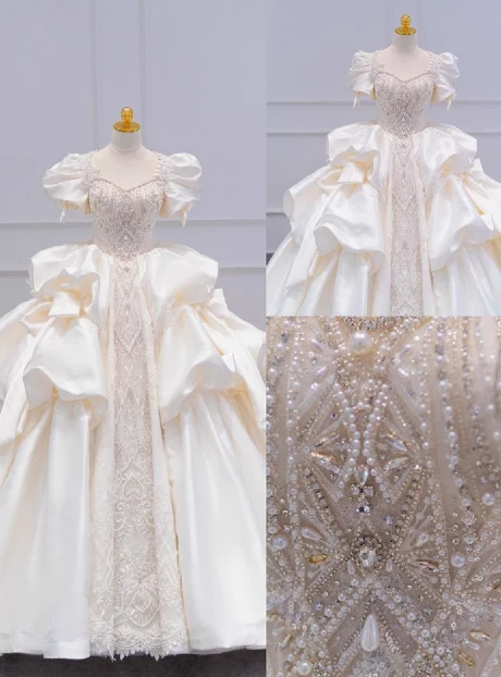 French Princess Satin Puff Sleeve Beaded White Floor-Length Wedding Dress P2762 - Image 2