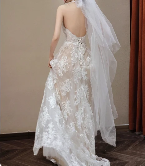 French Retro Lace Halter Off-shoulder Floor-length A-line Wedding Dress P2706 - Image 4