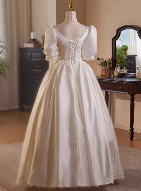 French Retro Lace Puffy Satin Short Sleeve Bowknot A-Line Wedding Dress P2637 - Image 4