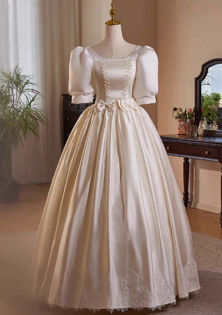 French Retro Lace Puffy Satin Short Sleeve Bowknot A-Line Wedding Dress P2637 - Image 5