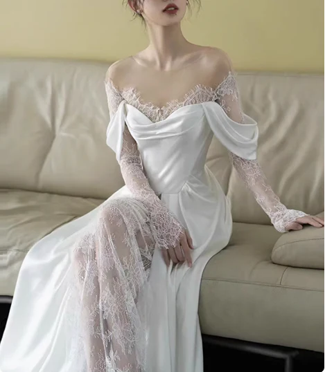 French Retro Lace Satin One Shoulder Small Train Wedding Dress P2745 - Image 2