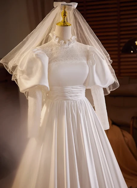 French Retro Long Sleeve Turtleneck Satin Floor Length A-Line Wedding Dress P2634 - Image 2