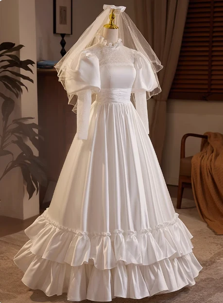 French Retro Long Sleeve Turtleneck Satin Floor Length A-Line Wedding Dress P2634 - Image 3