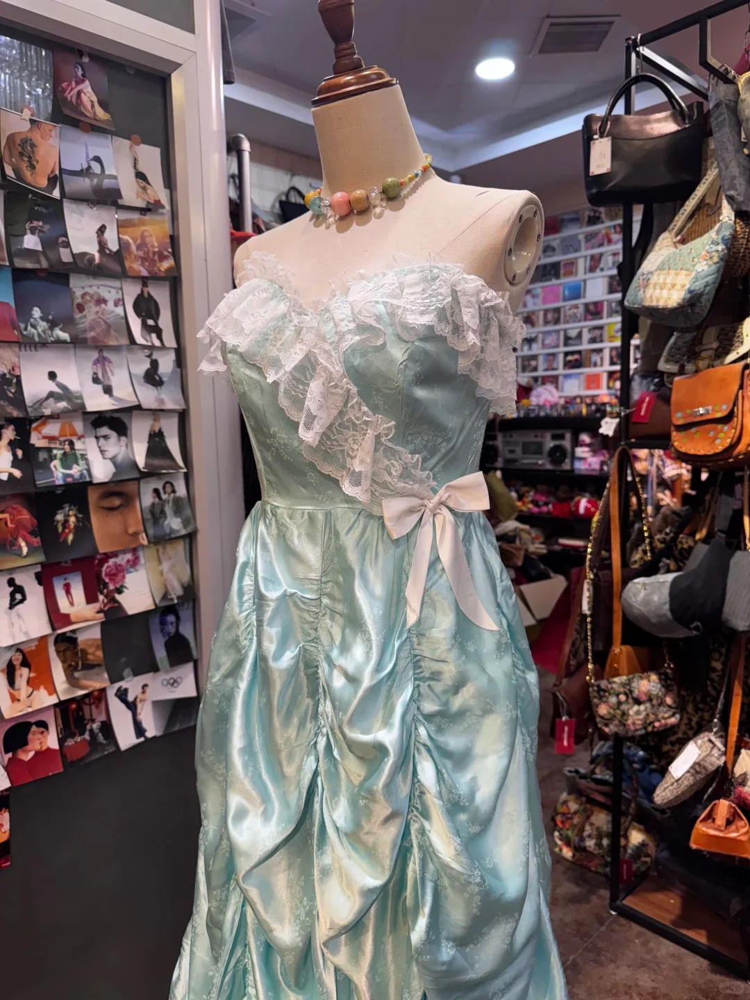 French Retro Mint Green A-line Strapless Lace Ruffle Satin Long Prom Dress Evening Dress P4139 - Image 3