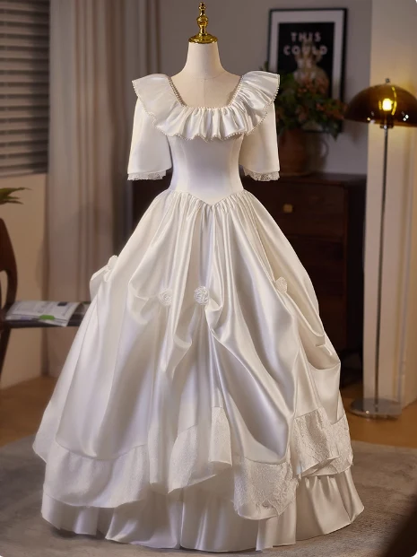 French retro princess on the run white satin square neck short sleeve floor length wedding dress P2628 - Image 3
