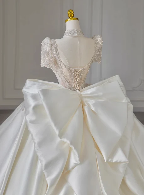 French Retro Satin Beaded Short Sleeve Bow Floor-Length Wedding Dress P2713 - Image 2