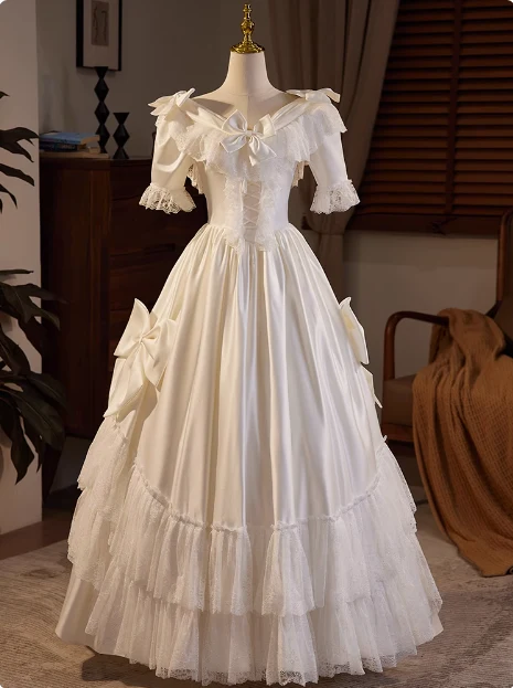 French Retro Short Sleeve Bow Satin Lace Wedding Dress P2623 - Image 3
