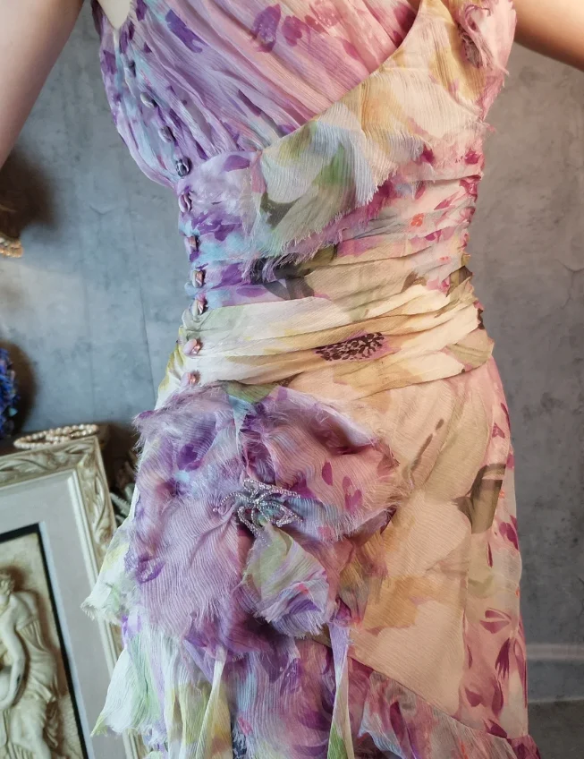 French Romantic Purple Floral Print V-neck Backless Layered Pleated Chiffon Prom Dress Evening Dress P4312 - Image 8