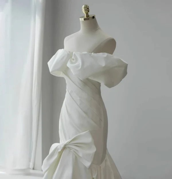 French simple white off-shoulder mermaid satin small train wedding dress P2717 - Image 2