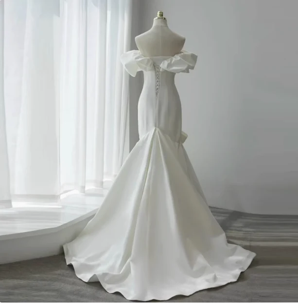 French simple white off-shoulder mermaid satin small train wedding dress P2717 - Image 3