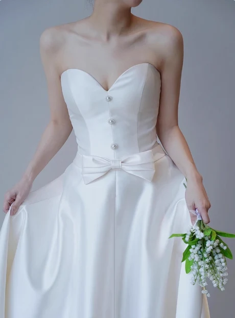 French Strapless Satin Sweetheart Neckline Small Train White Wedding Dress P2723 - Image 5