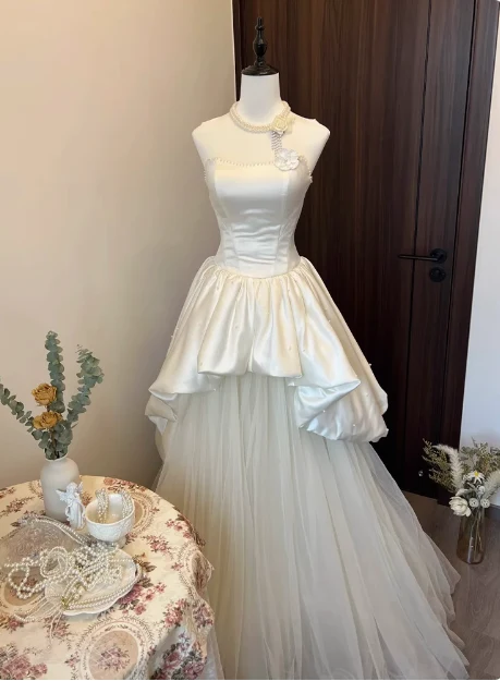 French Strapless Satin Tulle A-Line Wedding Dress with Tie-Back P2732 - Image 4
