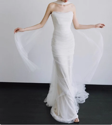 French Strapless Simple Satin White Waisted Fishtail Wedding Dress P2739 - Image 4